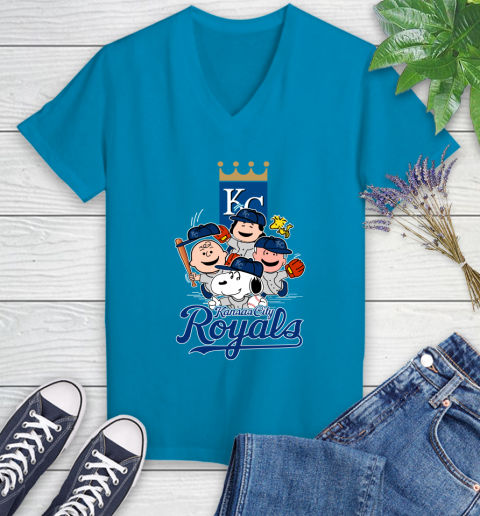 MLB Kansas City Royals Snoopy Charlie Brown Woodstock The Peanuts Movie Baseball T Shirt_000 Women's V-Neck T-Shirt 7