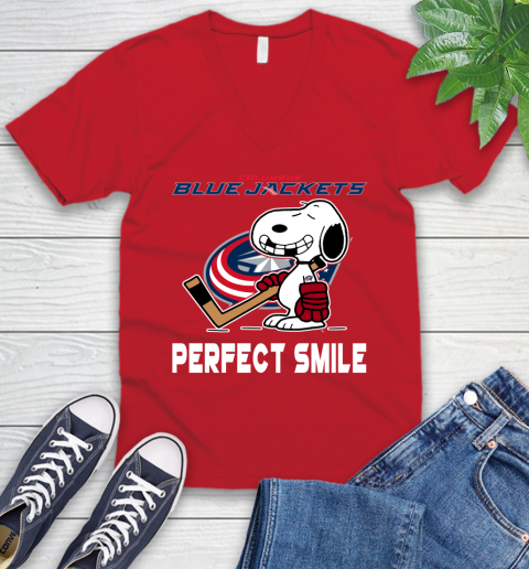 NHL Columbus Blue Jackets Snoopy Perfect Smile The Peanuts Movie Hockey T Shirt V-Neck T-Shirt 6