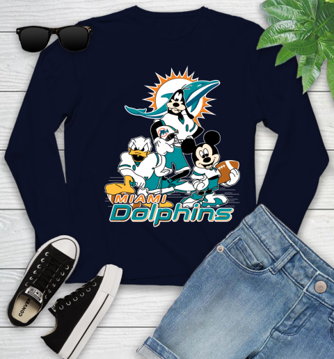 NFL Miami Dolphins Mickey Mouse Donald Duck Goofy Football Shirt Youth Long Sleeve 2