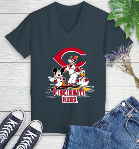 MLB Cincinnati Reds Mickey Mouse Donald Duck Goofy Baseball T Shirt Women's V-Neck T-Shirt 8