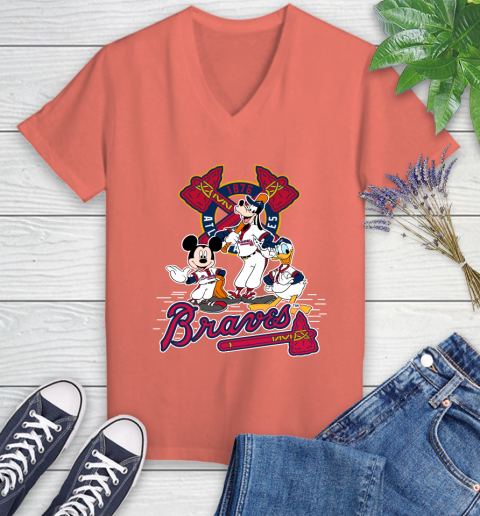 MLB Atlanta Braves Mickey Mouse Donald Duck Goofy Baseball T Shirt Women's V-Neck T-Shirt 6