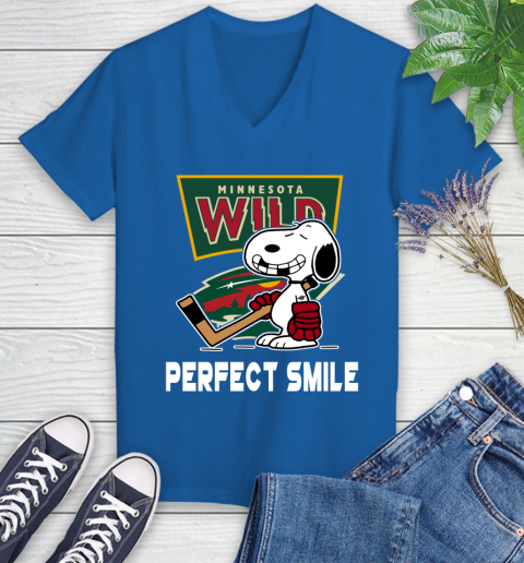 NHL Minnesota Wild Snoopy Perfect Smile The Peanuts Movie Hockey T Shirt Women's V-Neck T-Shirt 10