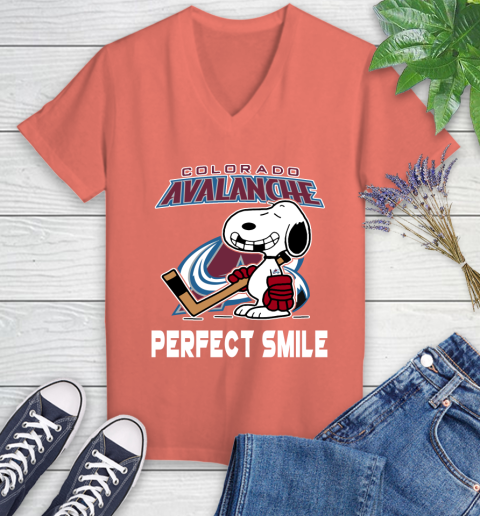 NHL Colorado Avalanche Snoopy Perfect Smile The Peanuts Movie Hockey T Shirt Women's V-Neck T-Shirt 6