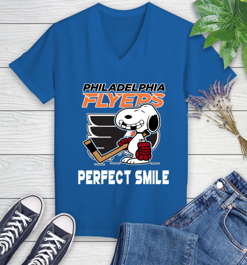 NHL Philadelphia Flyers Snoopy Perfect Smile The Peanuts Movie Hockey T Shirt Women's V-Neck T-Shirt 10