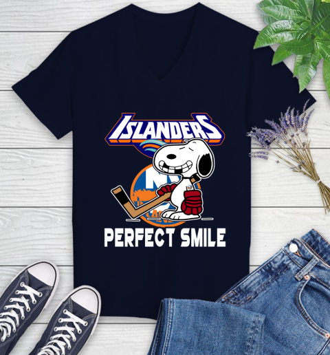 NHL New York Islanders Snoopy Perfect Smile The Peanuts Movie Hockey T Shirt Women's V-Neck T-Shirt 2