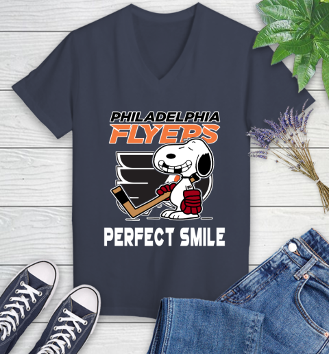 NHL Philadelphia Flyers Snoopy Perfect Smile The Peanuts Movie Hockey T Shirt Women's V-Neck T-Shirt 12
