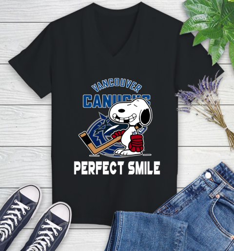 NHL Vancouver Canucks Snoopy Perfect Smile The Peanuts Movie Hockey T Shirt Women's V-Neck T-Shirt