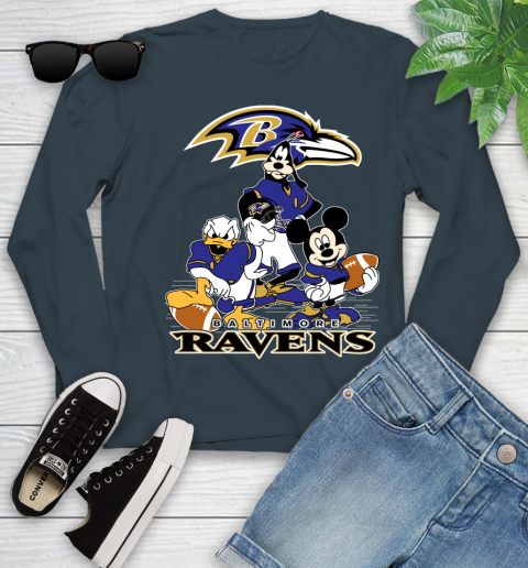 NFL Baltimore Ravens Mickey Mouse Donald Duck Goofy Football Shirt Youth Long Sleeve 9