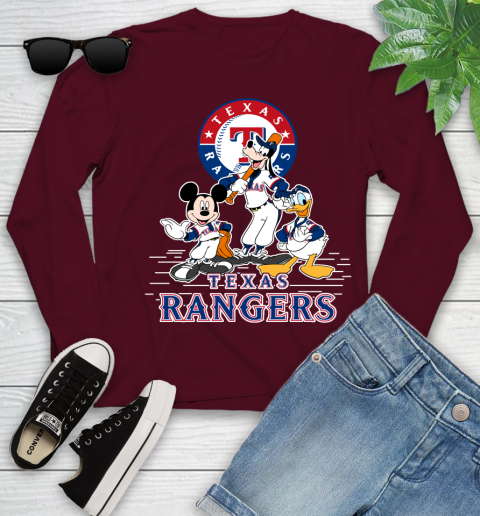 MLB Texas Rangers Mickey Mouse Donald Duck Goofy Baseball T Shirt Youth Long Sleeve 6