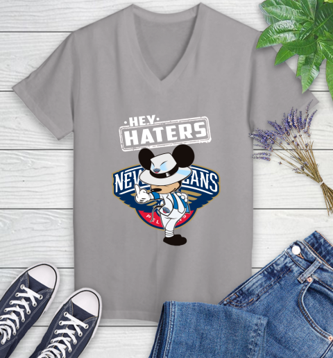 NBA Hey Haters Mickey Basketball Sports New Orleans Pelicans Women's V-Neck T-Shirt 4