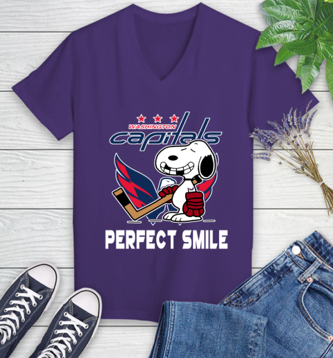 NHL Washington Capitals Snoopy Perfect Smile The Peanuts Movie Hockey T Shirt Women's V-Neck T-Shirt 3