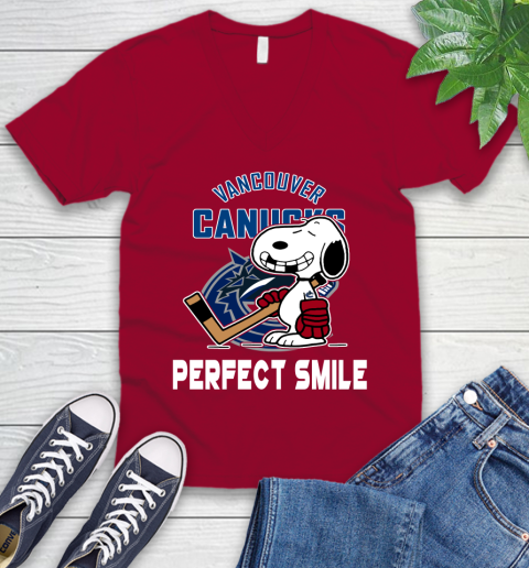 NHL Vancouver Canucks Snoopy Perfect Smile The Peanuts Movie Hockey T Shirt V-Neck T-Shirt 7