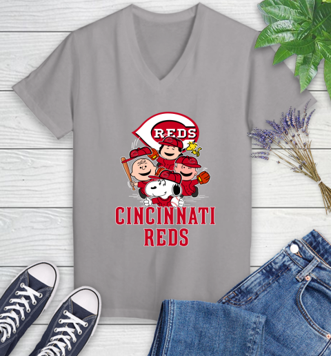MLB Cincinnati Reds Snoopy Charlie Brown Woodstock The Peanuts Movie Baseball T Shirt_000 Women's V-Neck T-Shirt 4