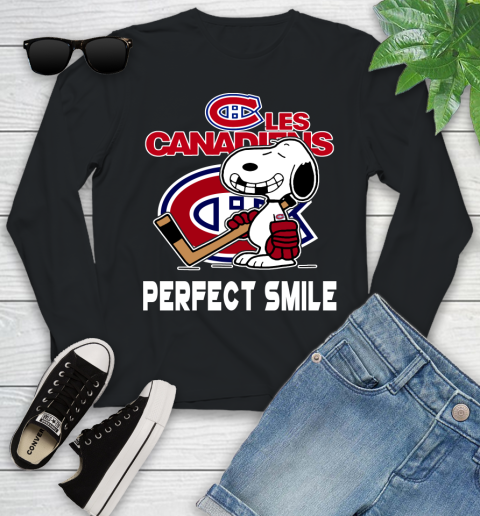 NHL Montreal Canadiens Snoopy Perfect Smile The Peanuts Movie Hockey T Shirt Youth Long Sleeve