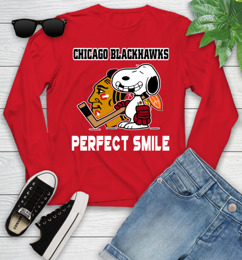 NHL Chicago Blackhawks Snoopy Perfect Smile The Peanuts Movie Hockey T Shirt Youth Long Sleeve 11