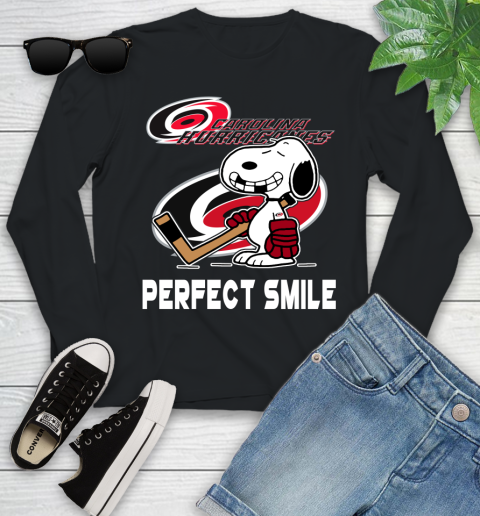 NHL Carolina Hurricanes Snoopy Perfect Smile The Peanuts Movie Hockey T Shirt Youth Long Sleeve
