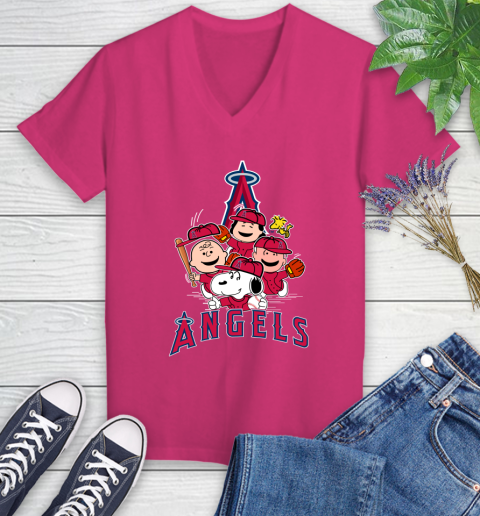 MLB Los Angeles Angels Snoopy Charlie Brown Woodstock The Peanuts Movie Baseball T Shirt_000 Women's V-Neck T-Shirt 9