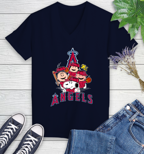 MLB Los Angeles Angels Snoopy Charlie Brown Woodstock The Peanuts Movie Baseball T Shirt_000 Women's V-Neck T-Shirt 2