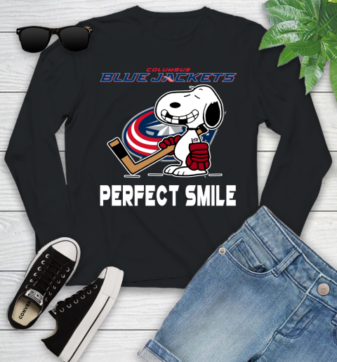 NHL Columbus Blue Jackets Snoopy Perfect Smile The Peanuts Movie Hockey T Shirt Youth Long Sleeve