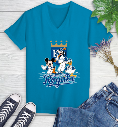 MLB Kansas City Royals Mickey Mouse Donald Duck Goofy Baseball T Shirt Women's V-Neck T-Shirt 7