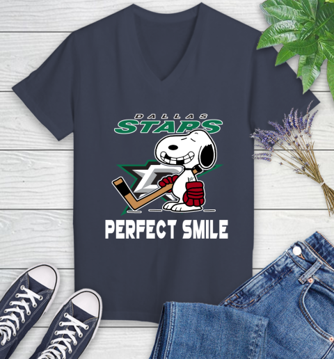 NHL Dallas Stars Snoopy Perfect Smile The Peanuts Movie Hockey T Shirt Women's V-Neck T-Shirt 12