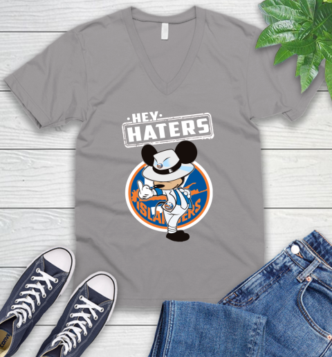 NHL Hey Haters Mickey Hockey Sports New York Islanders V-Neck T-Shirt 3