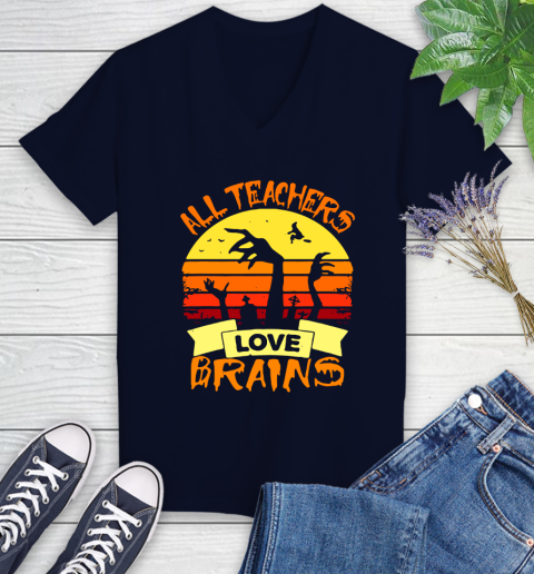Halloween All Teachers Love Brains Sunset Women's V-Neck T-Shirt 2