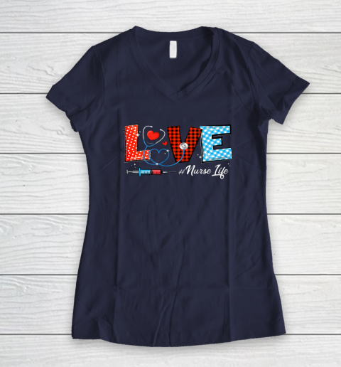 Love Nurselife Valentine Nurse Leopard Print Plaid Heart Women's V-Neck T-Shirt 14