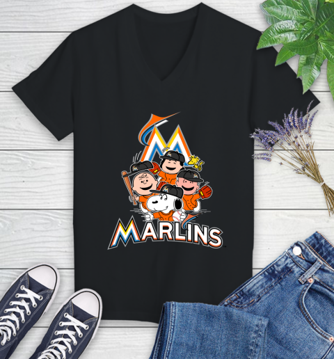 MLB Miami Marlins Snoopy Charlie Brown Woodstock The Peanuts Movie Baseball T Shirt Women's V-Neck T-Shirt