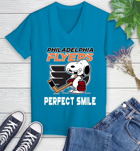 NHL Philadelphia Flyers Snoopy Perfect Smile The Peanuts Movie Hockey T Shirt Women's V-Neck T-Shirt 7