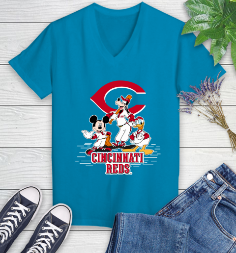 MLB Cincinnati Reds Mickey Mouse Donald Duck Goofy Baseball T Shirt Women's V-Neck T-Shirt 7