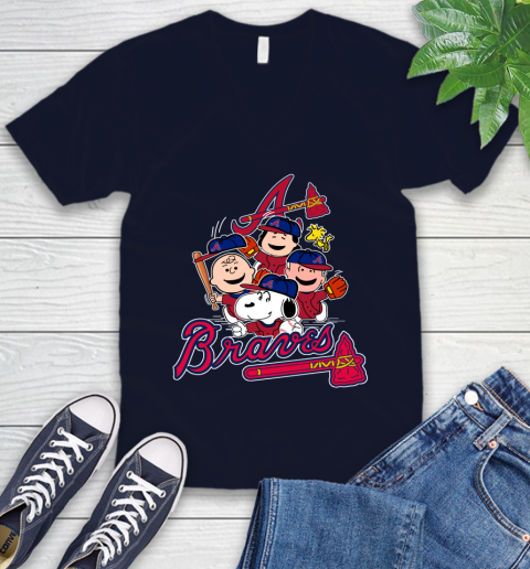MLB Atlanta Braves Snoopy Charlie Brown Woodstock The Peanuts Movie Baseball T Shirt V-Neck T-Shirt 2