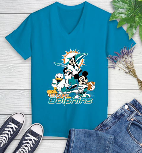 NFL Miami Dolphins Mickey Mouse Donald Duck Goofy Football Shirt Women's V-Neck T-Shirt 7