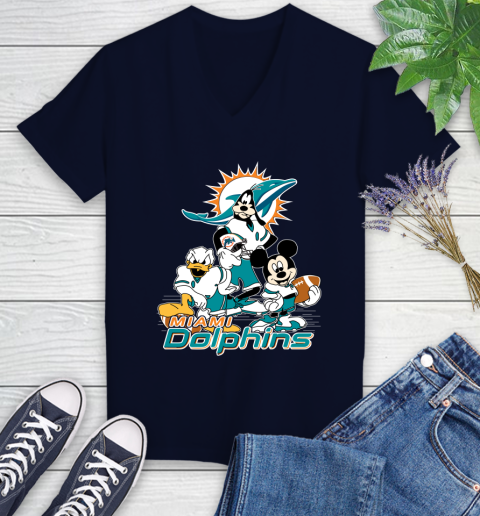 NFL Miami Dolphins Mickey Mouse Donald Duck Goofy Football Shirt Women's V-Neck T-Shirt 2