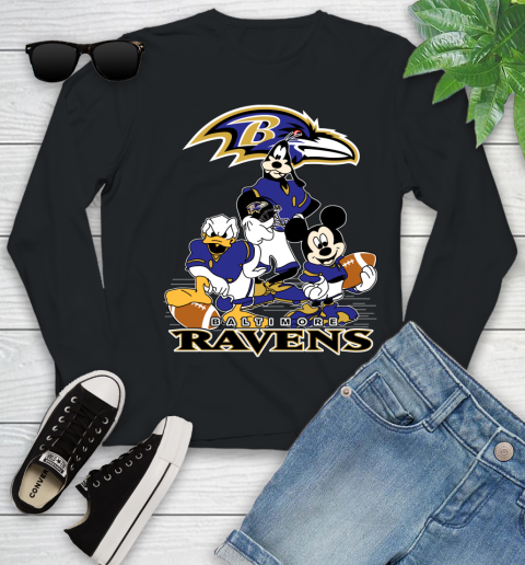 NFL Baltimore Ravens Mickey Mouse Donald Duck Goofy Football Shirt Youth Long Sleeve