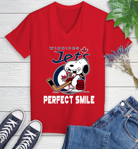 NHL Winnipeg Jets Snoopy Perfect Smile The Peanuts Movie Hockey T Shirt Women's V-Neck T-Shirt 11