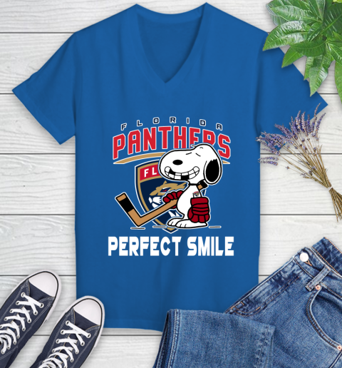 NHL Florida Panthers Snoopy Perfect Smile The Peanuts Movie Hockey T Shirt Women's V-Neck T-Shirt 10