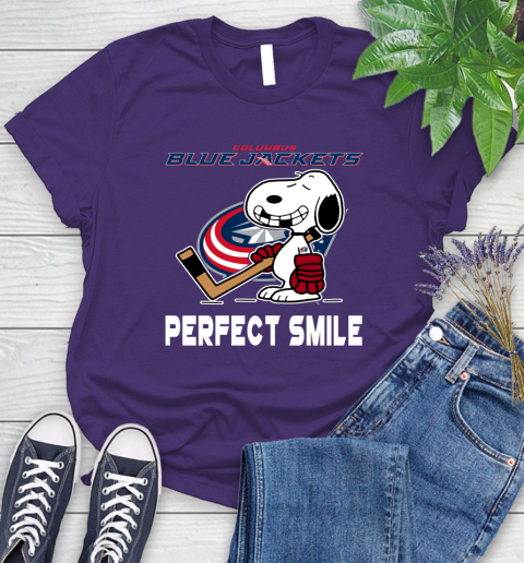NHL Columbus Blue Jackets Snoopy Perfect Smile The Peanuts Movie Hockey T Shirt Women's T-Shirt 4