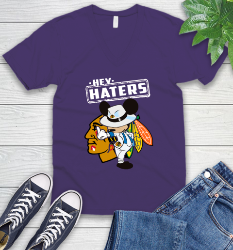 NHL Hey Haters Mickey Hockey Sports Chicago Blackhawks V-Neck T-Shirt 9
