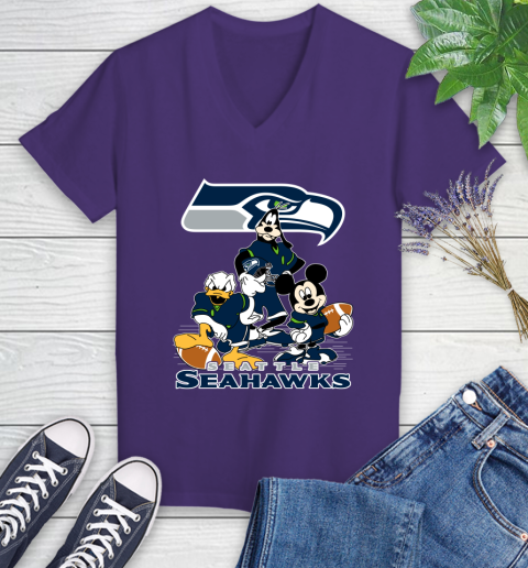 NFL Seattle Seahawks Mickey Mouse Donald Duck Goofy Football Shirt Women's V-Neck T-Shirt 3