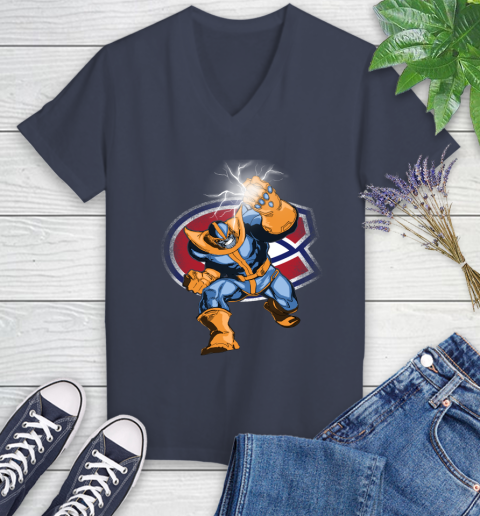 Montreal Canadiens NHL Hockey Thanos Avengers Infinity War Marvel Women's V-Neck T-Shirt 12
