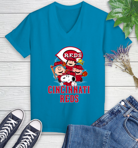 MLB Cincinnati Reds Snoopy Charlie Brown Woodstock The Peanuts Movie Baseball T Shirt_000 Women's V-Neck T-Shirt 7