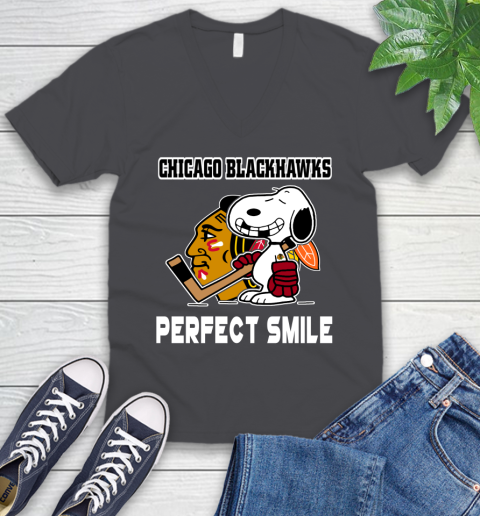 NHL Chicago Blackhawks Snoopy Perfect Smile The Peanuts Movie Hockey T Shirt V-Neck T-Shirt 4