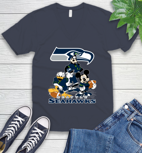 NFL Seattle Seahawks Mickey Mouse Donald Duck Goofy Football Shirt V-Neck T-Shirt 8