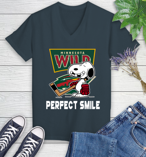 NHL Minnesota Wild Snoopy Perfect Smile The Peanuts Movie Hockey T Shirt Women's V-Neck T-Shirt 8