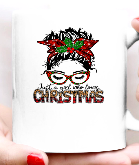 Just A Girl Who Loves Christmas Buffalo Plaid Messy Bun Girl Ceramic Mug 11oz