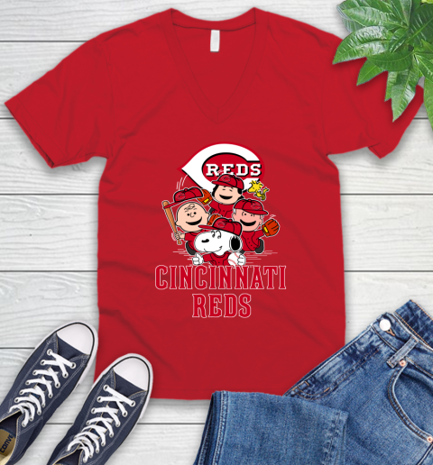 MLB Cincinnati Reds Snoopy Charlie Brown Woodstock The Peanuts Movie Baseball T Shirt_000 V-Neck T-Shirt 6