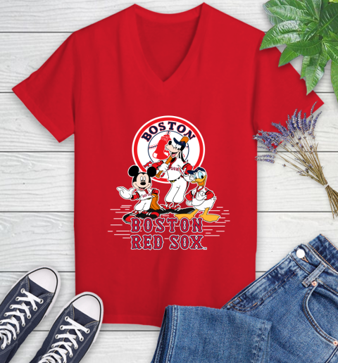 MLB Boston Red Sox Mickey Mouse Donald Duck Goofy Baseball T Shirt Women's V-Neck T-Shirt 11