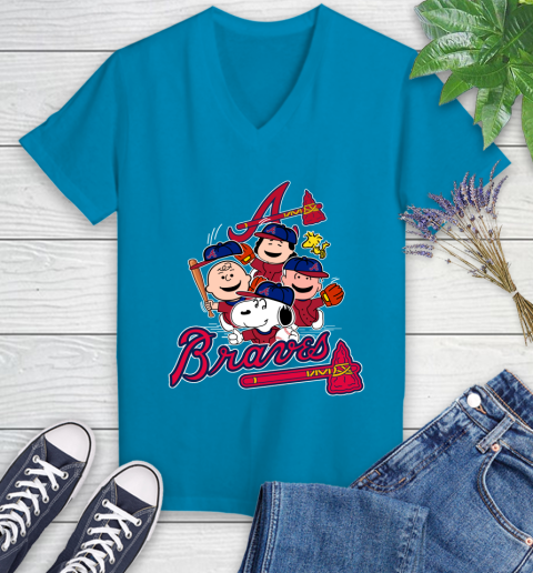 MLB Atlanta Braves Snoopy Charlie Brown Woodstock The Peanuts Movie Baseball T Shirt Women's V-Neck T-Shirt 7