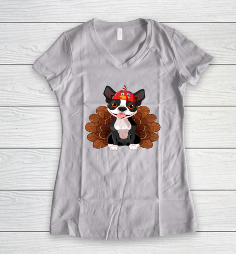 Funny Turkey Boston Terrier Thanksgiving Dog Turkey Costume Women's V-Neck T-Shirt